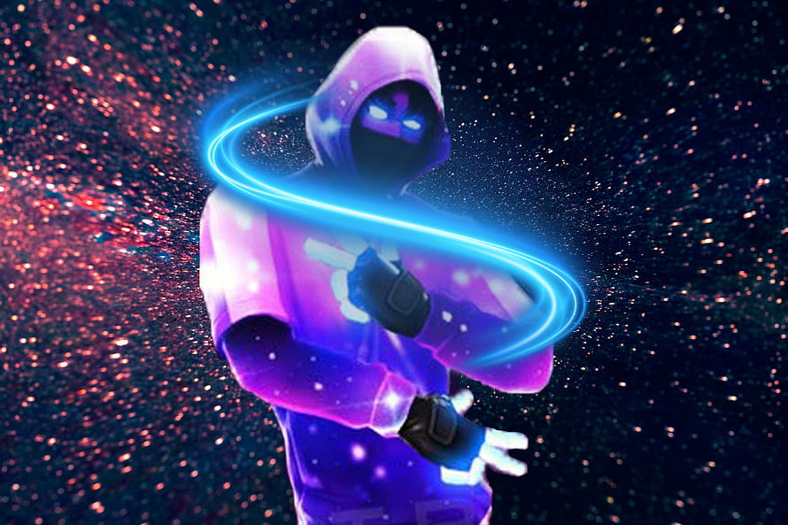 Fortnite Hooded Character with Neon Blue Energy Ring Against Cosmic Starfield Background HD wallpaper