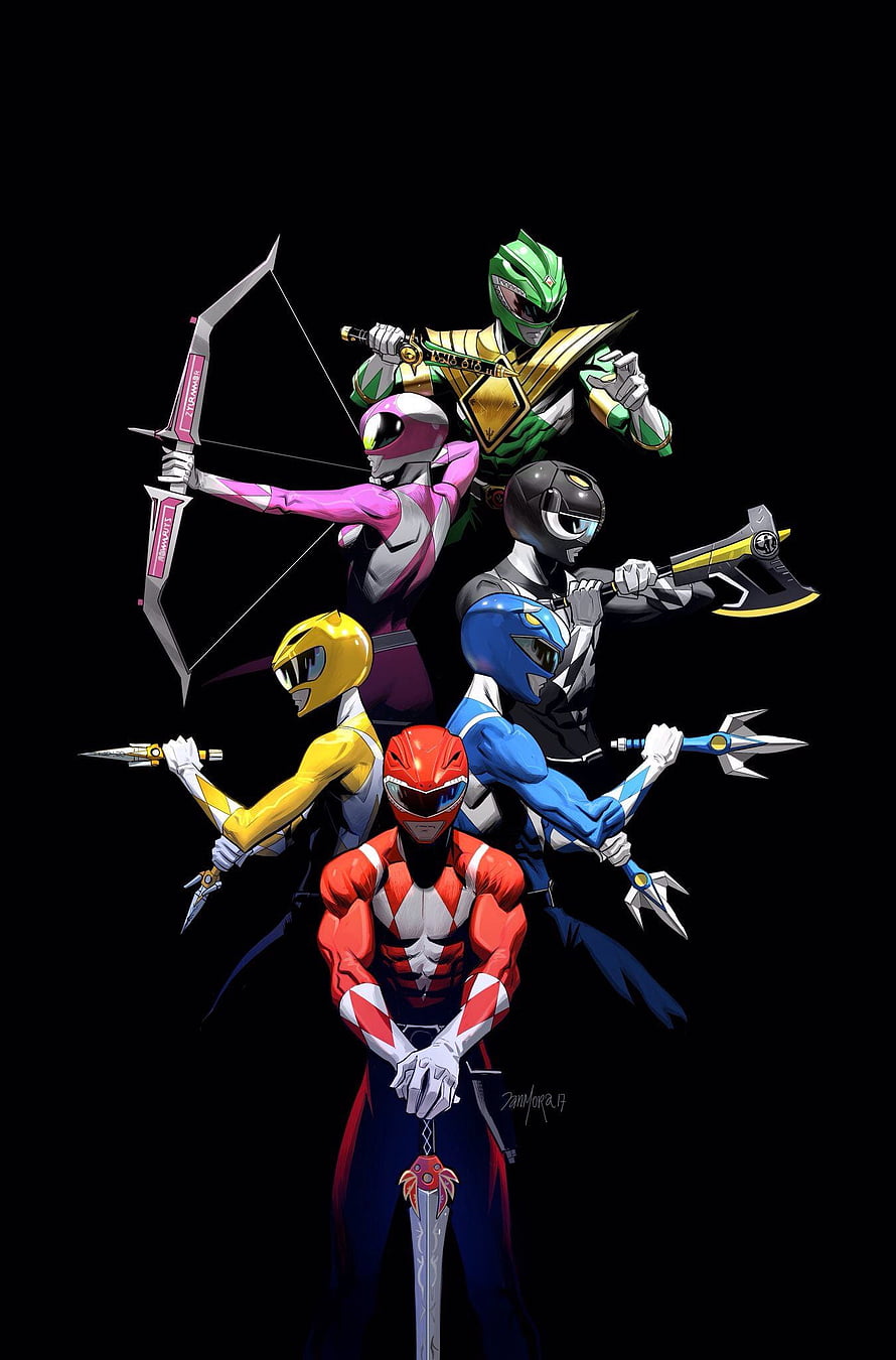 Mighty Morphin Power Rangers Team Lineup with Weapons on Black Background HD phone wallpaper