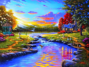 Vibrant Countryside Landscape with Cottage, Gazebo, and Stream at Sunset HD wallpaper