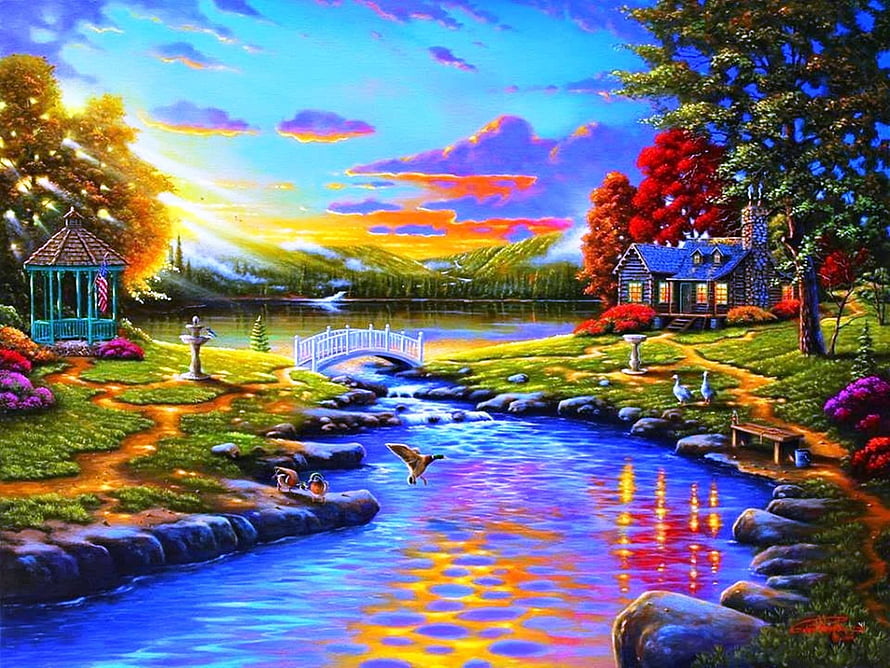 Vibrant Countryside Landscape with Cottage, Gazebo, and Stream at Sunset HD wallpaper