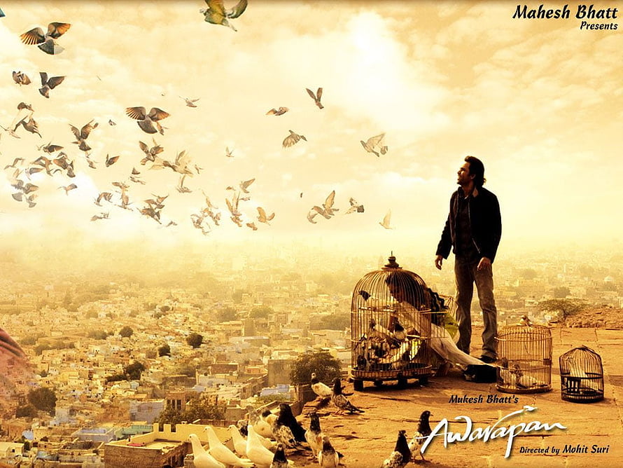 Awarapan Movie Poster Featuring Man Releasing Pigeons Over Cityscape HD wallpaper