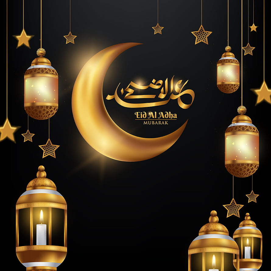 Eid Al Adha Mubarak Greeting Card With Golden Crescent Moon, Hanging Lanterns, and Stars on Black Background HD phone wallpaper