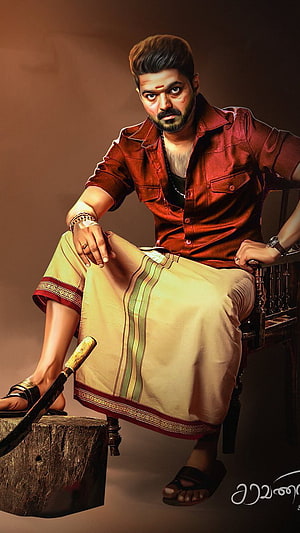 Thalapathy Vijay in Bigil Character Portrait Wearing Traditional Dhoti and Red Shirt HD phone wallpaper