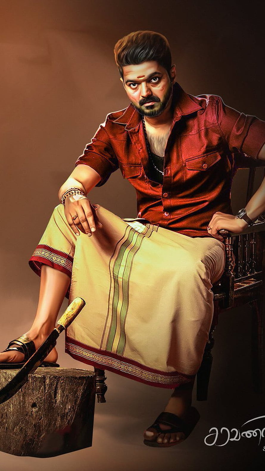 Thalapathy Vijay in Bigil Character Portrait Wearing Traditional Dhoti and Red Shirt HD phone wallpaper