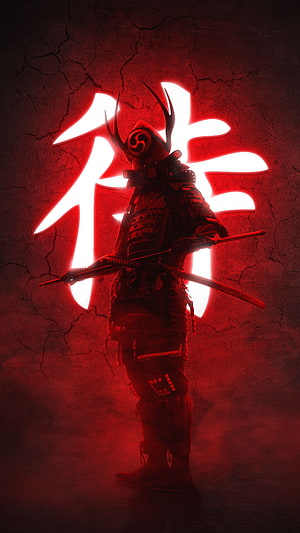 Dark Fantasy Samurai Warrior in Full Armor with Katana and Glowing Red Kanji Background HD phone wallpaper