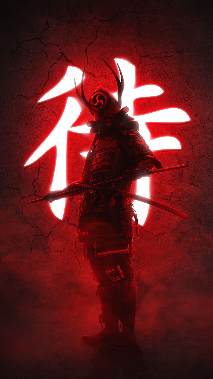 Dark Fantasy Samurai Warrior in Full Armor with Katana and Glowing Red Kanji Background HD phone wallpaper