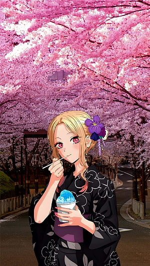 Marin Kitagawa in a black kimono eating shaved ice under blooming cherry blossom trees HD phone wallpaper