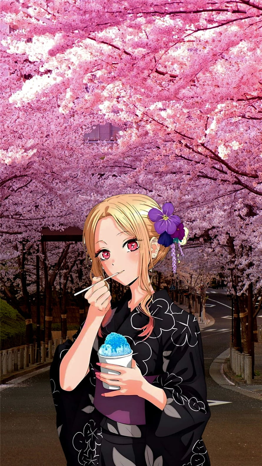 Marin Kitagawa in a black kimono eating shaved ice under blooming cherry blossom trees HD phone wallpaper