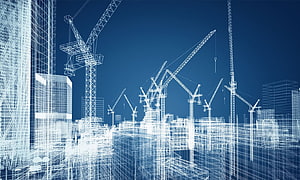 Wireframe Construction Site with Tower Cranes and Urban Buildings on Blue Background HD wallpaper