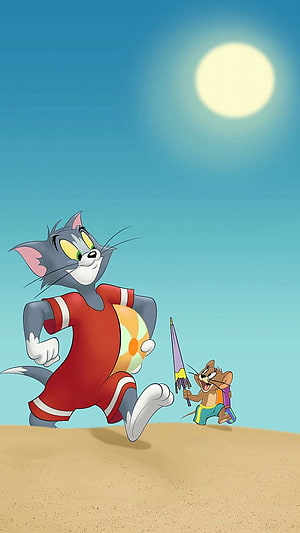 Tom and Jerry Running on a Sunny Beach with a Beach Ball and Umbrella HD phone wallpaper