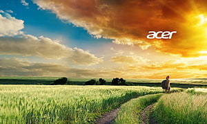 Acer branded sunset landscape with a lone traveler walking through a golden wheat field HD wallpaper