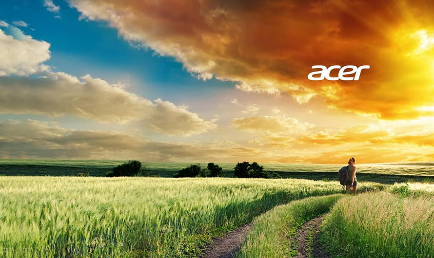 Acer branded sunset landscape with a lone traveler walking through a golden wheat field HD wallpaper