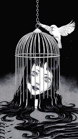 Junji Ito Style Black and White Illustration of Woman in Birdcage with Dove HD phone wallpaper