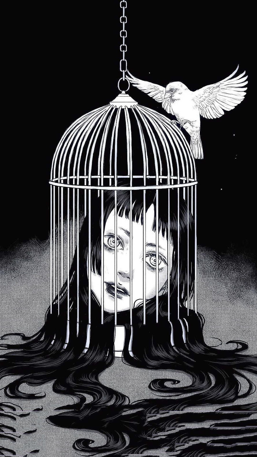 Junji Ito Style Black and White Illustration of Woman in Birdcage with Dove HD phone wallpaper