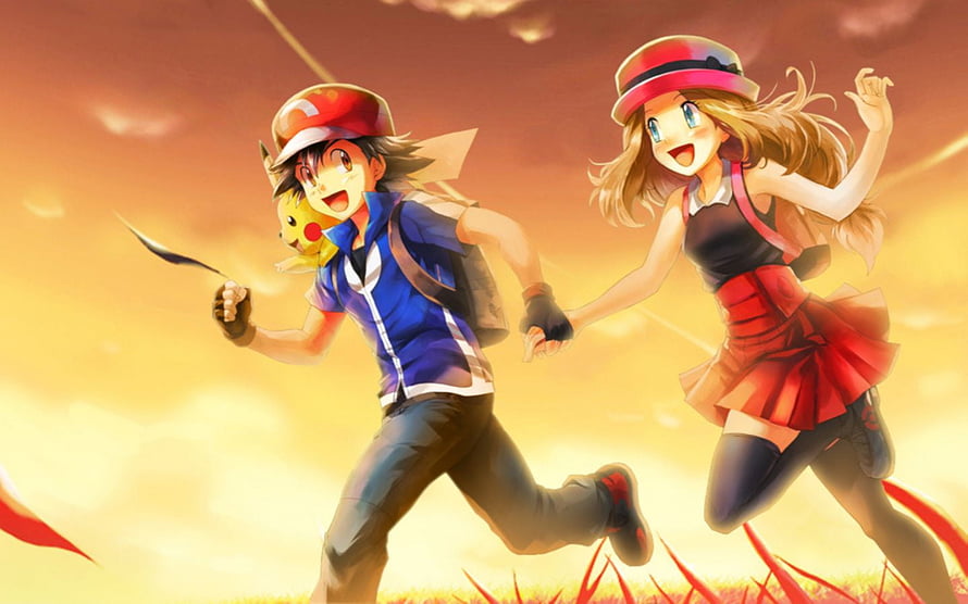 Ash and Serena Running Through a Golden Sunset in Pokemon X and Y Anime Art HD wallpaper