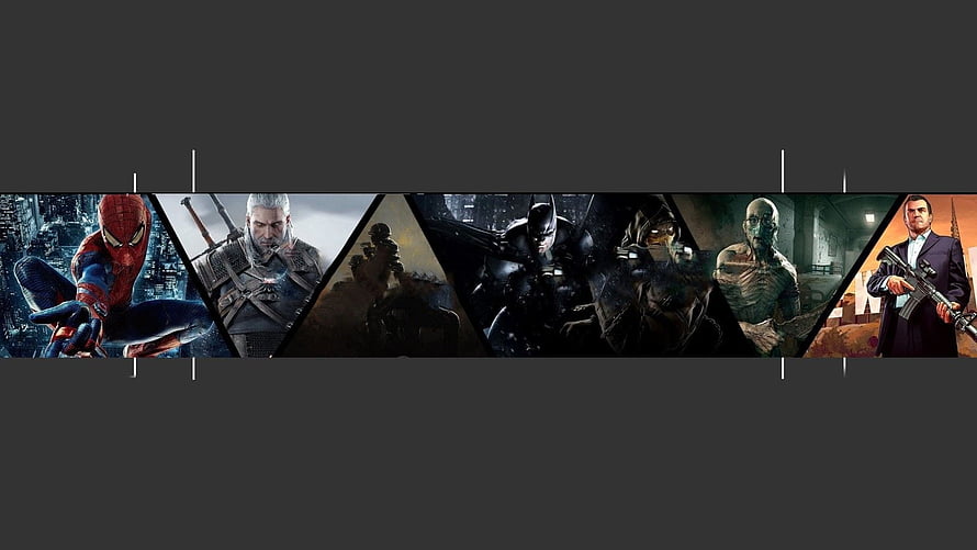 Spider-Man, Geralt, Batman, and Agent 47 in a Cinematic Gaming Character Banner HD wallpaper