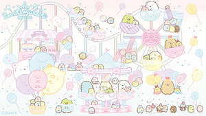 Sumikko Gurashi Tapioca Park Amusement Ride Illustration with Pastel Balloons and Cute Characters HD wallpaper