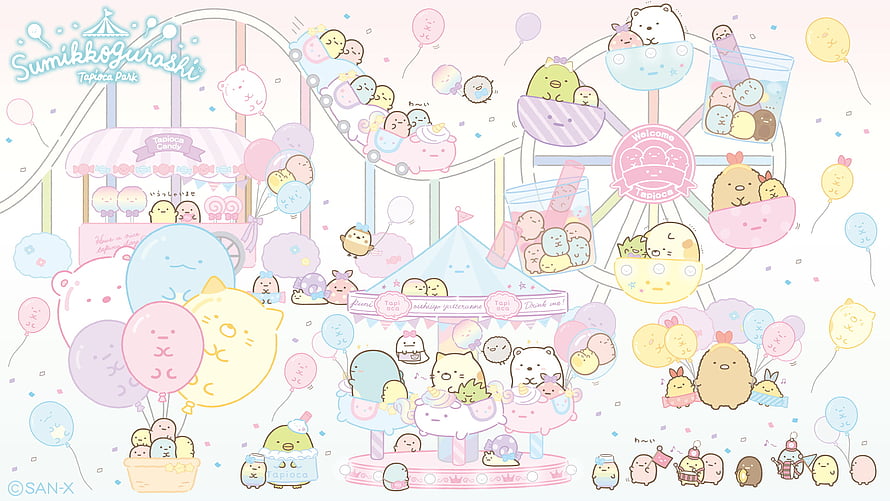 Sumikko Gurashi Tapioca Park Amusement Ride Illustration with Pastel Balloons and Cute Characters HD wallpaper