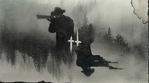 Hunt Showdown Hunter Aiming Shotgun in Misty Pine Forest with Cross Markers HD wallpaper