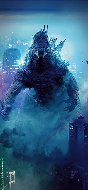 Godzilla Rising Through City Fog in Cinematic Blue Tones HD phone wallpaper