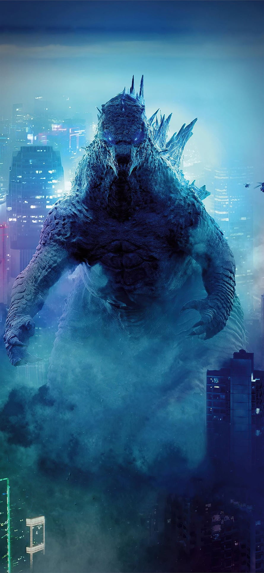Godzilla Rising Through City Fog in Cinematic Blue Tones HD phone wallpaper