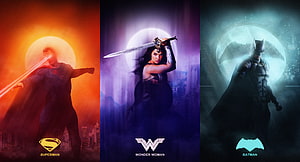 Justice League Character Poster Triptych Featuring Superman, Wonder Woman, and Batman HD wallpaper