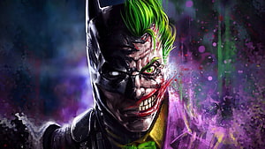 Batman and Joker Split Face Digital Art with Vibrant Purple and Green Splatter Background HD wallpaper