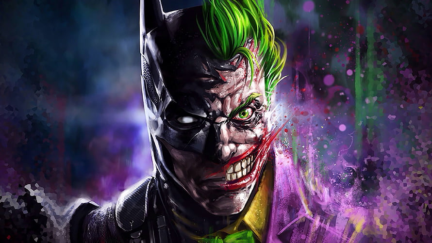Batman and Joker Split Face Digital Art with Vibrant Purple and Green Splatter Background HD wallpaper