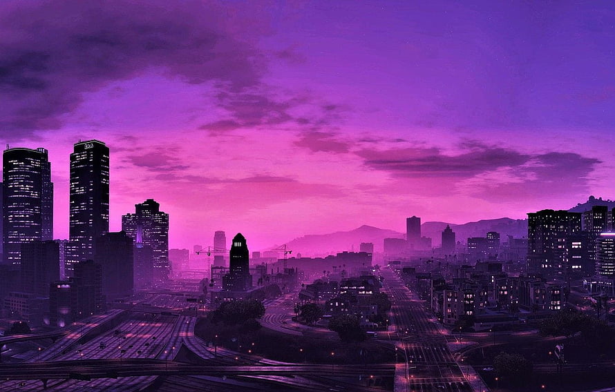 Grand Theft Auto V Los Santos Cityscape at Dusk with Purple Sky and Highway Interchange HD wallpaper