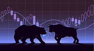Bull and Bear Market Silhouettes Facing Off Against Candlestick Chart Background HD wallpaper
