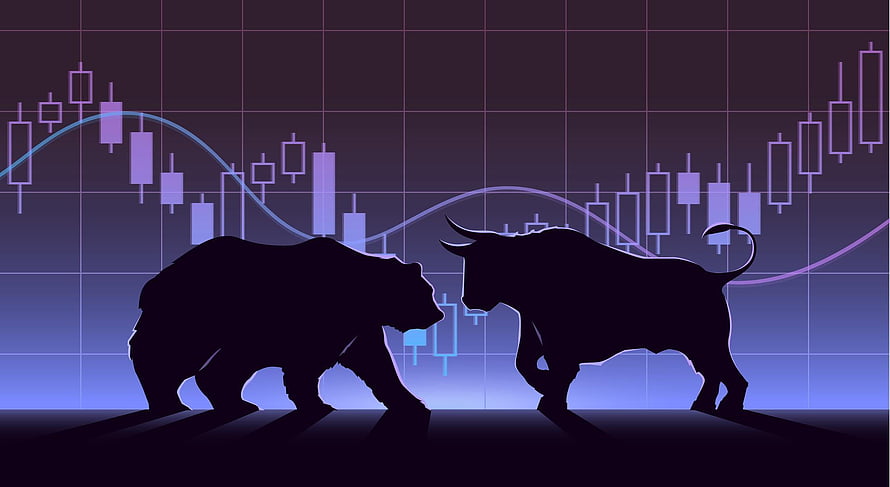Bull and Bear Market Silhouettes Facing Off Against Candlestick Chart Background HD wallpaper