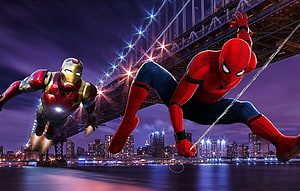 Iron Man and Spider-Man Flying Over a City Bridge at Night HD wallpaper