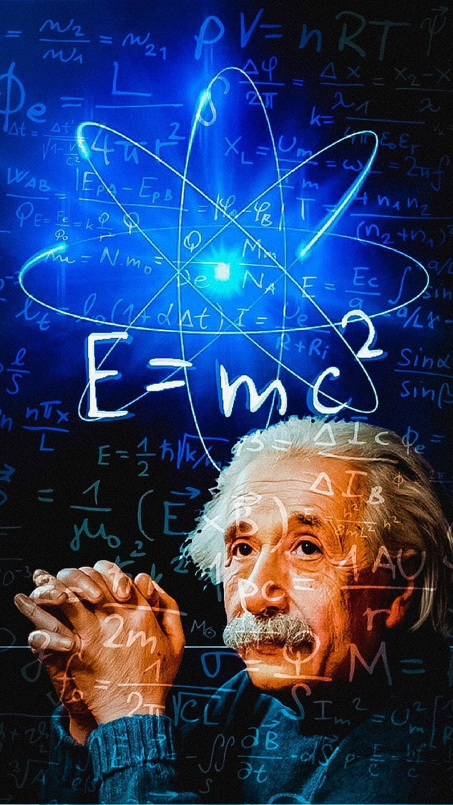 Albert Einstein Portrait with E=mc² Formula and Glowing Atom Symbol on Mathematical Background HD phone wallpaper
