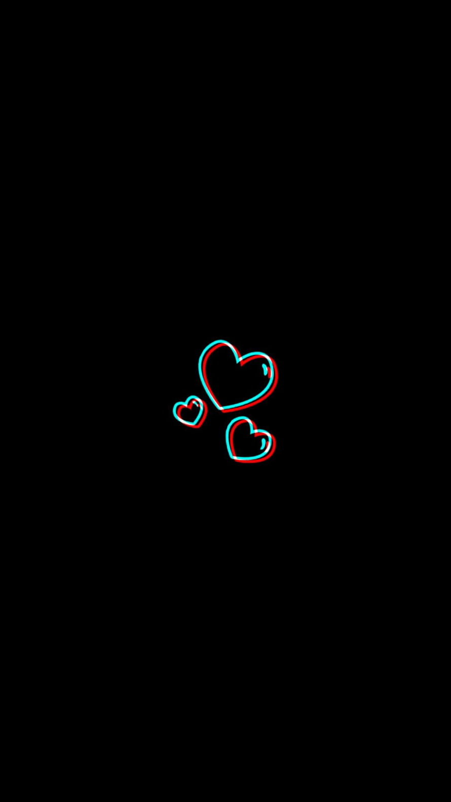 Minimalist 3D Heart Icons with Neon Red and Cyan Glow on Black Background HD phone wallpaper