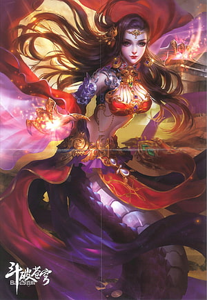 Cai Lin Queen Medusa Fantasy Character Art with Flowing Red Cape and Golden Armor HD phone wallpaper