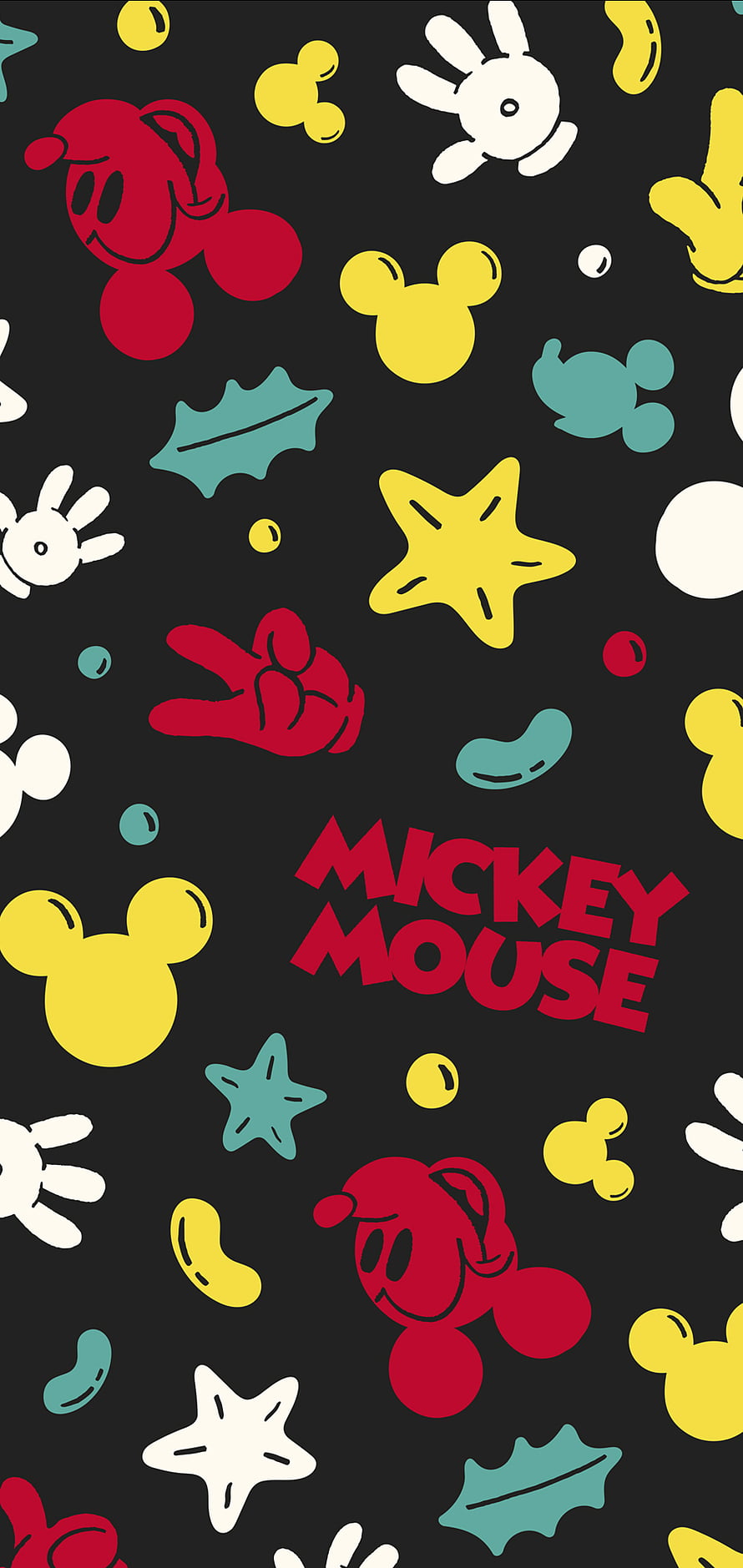 Mickey Mouse Pattern Wallpaper with Retro Icons and Bold Typography on Black Background HD phone wallpaper