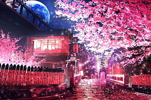 Neon-lit Japanese street at night with glowing cherry blossoms and a large moon HD wallpaper