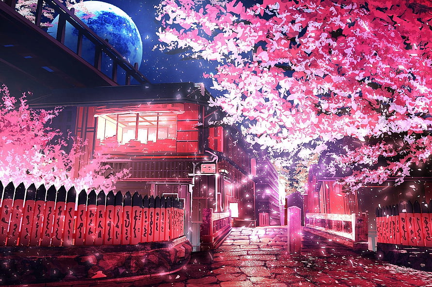 Neon-lit Japanese street at night with glowing cherry blossoms and a large moon HD wallpaper