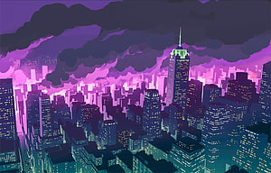 Vibrant Anime Cityscape at Night with Purple Sky and Dark Clouds HD wallpaper