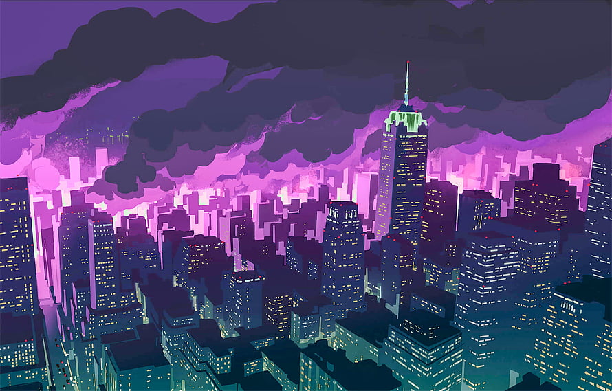 Vibrant Anime Cityscape at Night with Purple Sky and Dark Clouds HD wallpaper