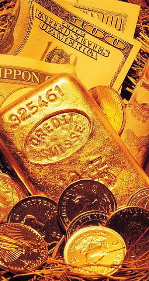 Gold Bars and Coins Resting on US Dollar Bills and Japanese Yen HD phone wallpaper