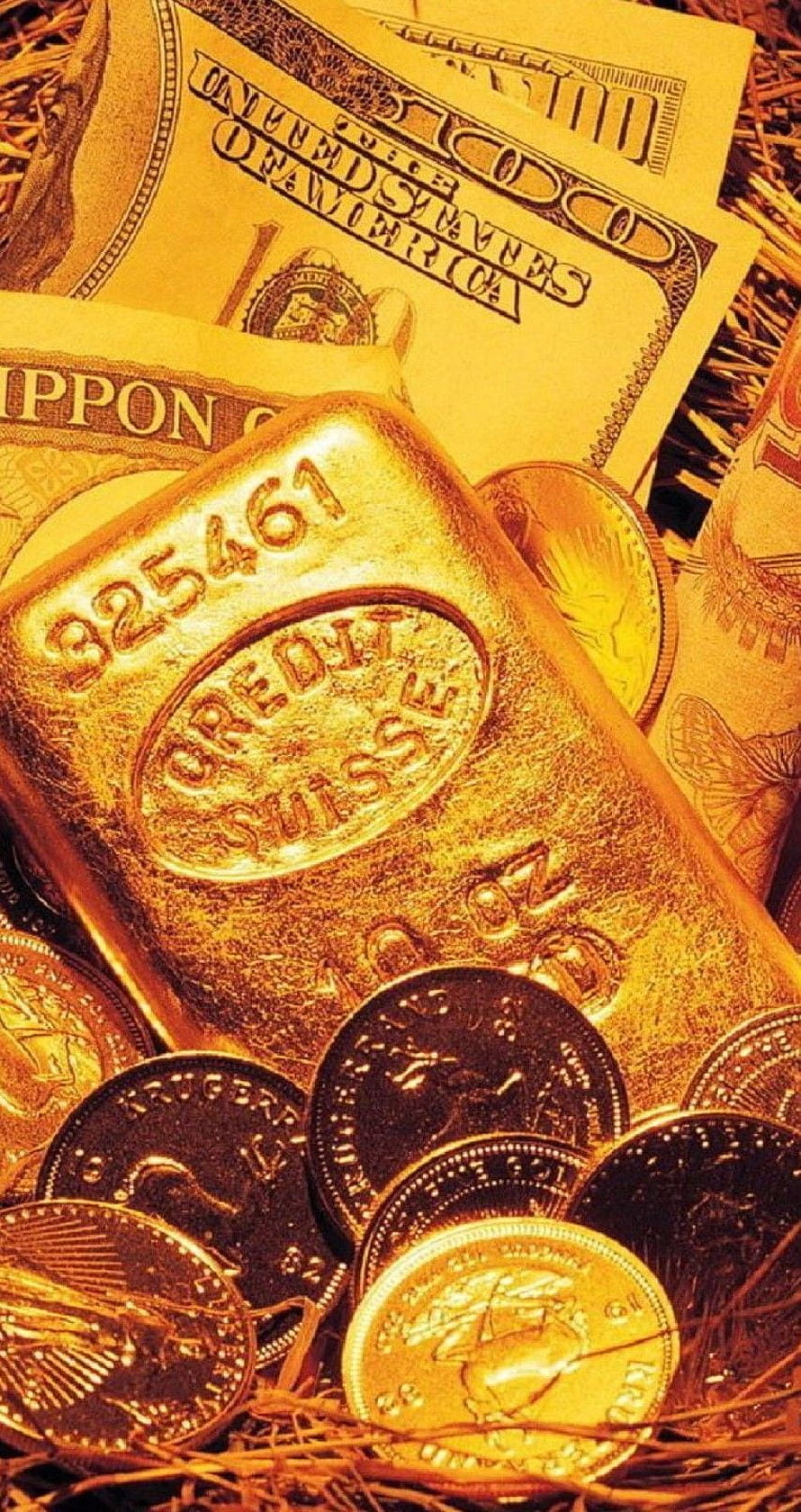 Gold Bars and Coins Resting on US Dollar Bills and Japanese Yen HD phone wallpaper