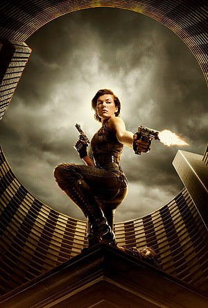 Alice from Resident Evil The Final Chapter firing dual pistols on a rooftop HD phone wallpaper