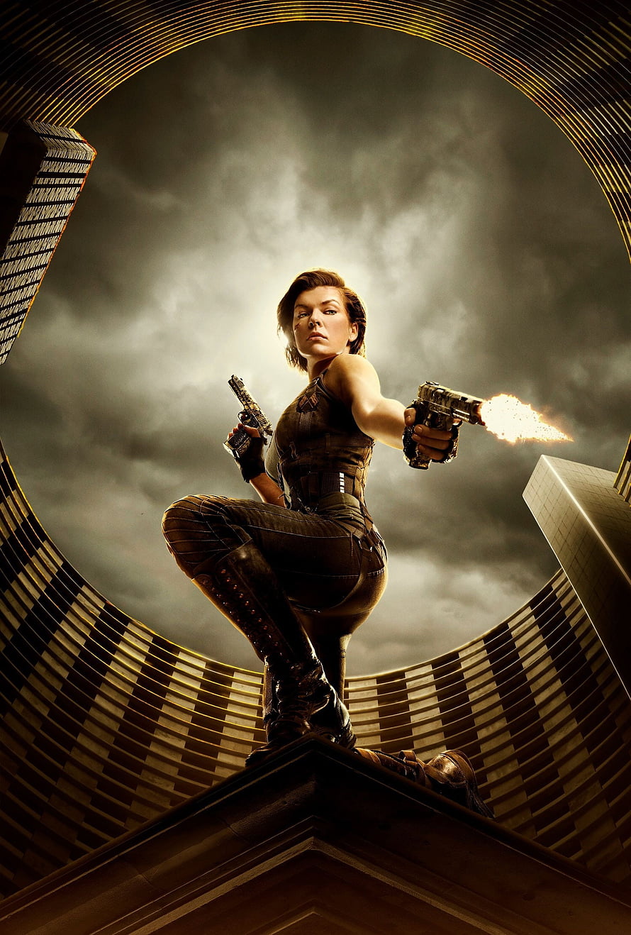 Alice from Resident Evil The Final Chapter firing dual pistols on a rooftop HD phone wallpaper