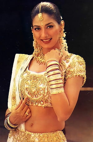 Sonali Bendre in Traditional Indian Attire with Gold Jewelry and Embroidered Blouse HD phone wallpaper