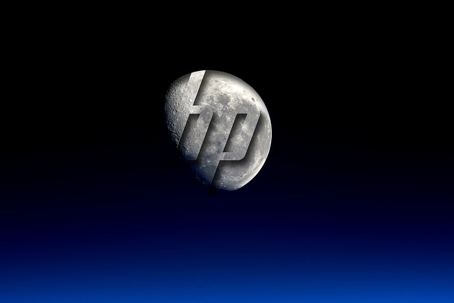 Hewlett Packard Logo Superimposed on a Cratered Moon Against a Deep Blue Night Sky HD wallpaper