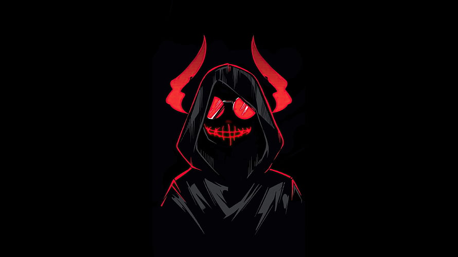 Glowing Red Horned Demon Hoodie Portrait in Dark Minimalist Digital Art Style HD wallpaper