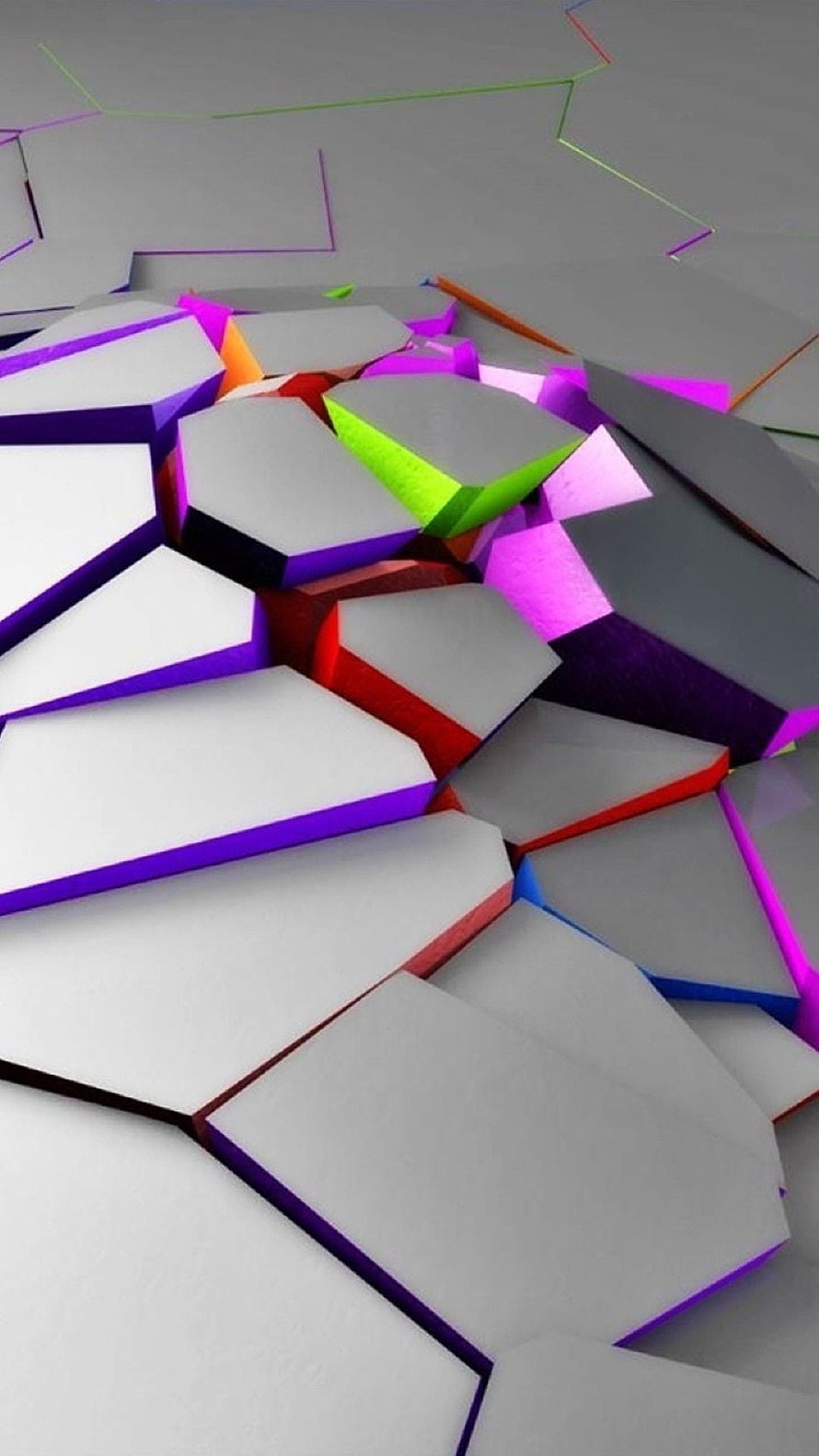 Abstract 3D Geometric Fracture with Vibrant Neon Edges and Grey Polygons HD phone wallpaper