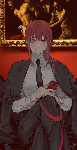 Makima from Chainsaw Man in a formal suit holding a red device against a classical painting backdrop HD phone wallpaper