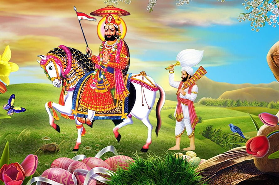 Baba Ramdevpir Riding a White Horse in a Vibrant Pastoral Landscape HD wallpaper